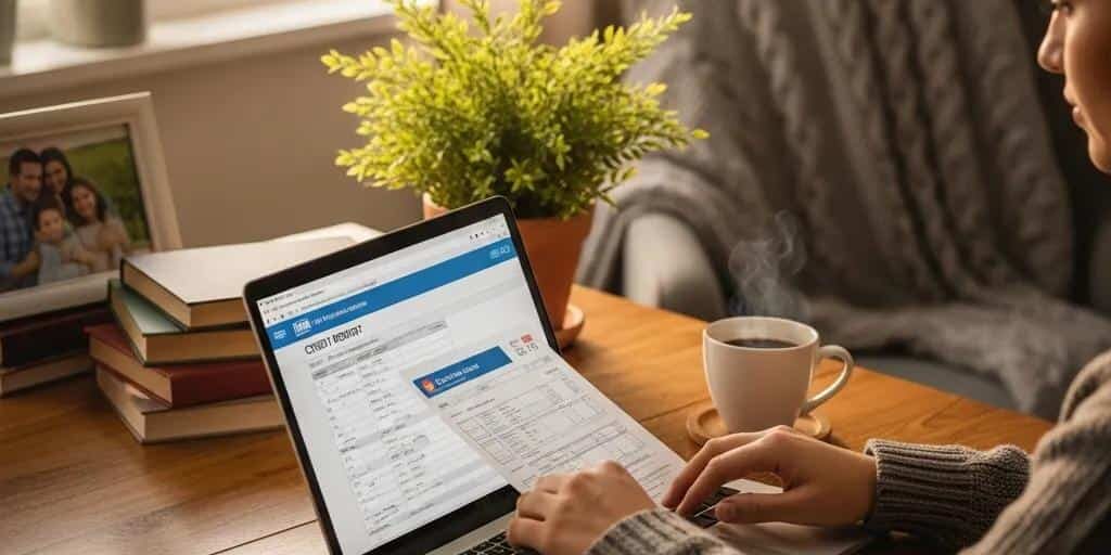 Cozy workspace with a person reviewing a credit report on a laptop, emphasizing financial health and personal finance management