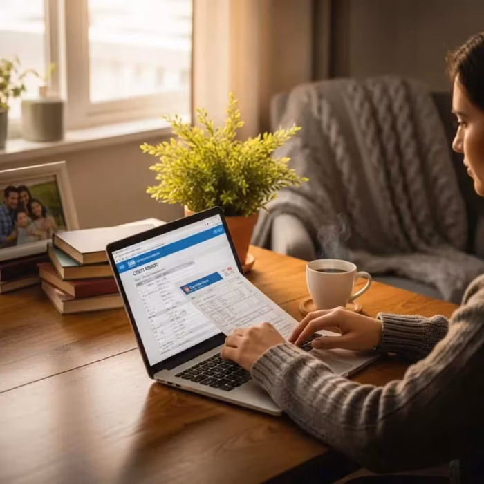 Cozy workspace with a person reviewing a credit report on a laptop, emphasizing financial health and personal finance management