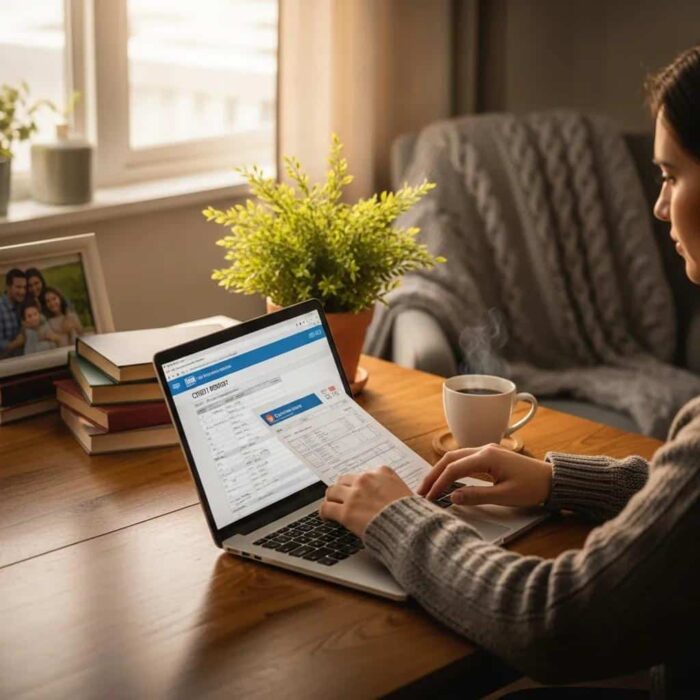 Cozy workspace with a person reviewing a credit report on a laptop, emphasizing financial health and personal finance management