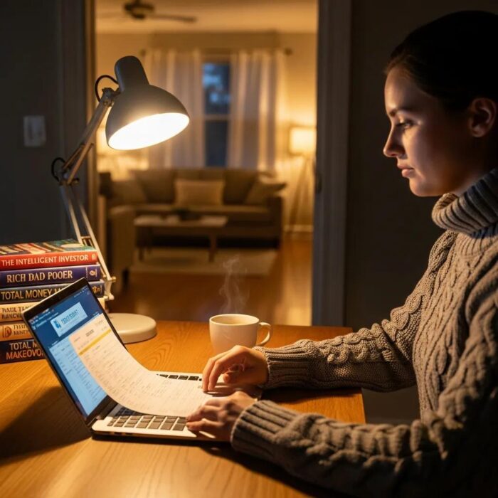 Cozy workspace with a person reviewing a credit report on a laptop, highlighting financial health