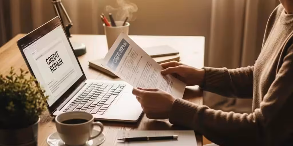 Cozy workspace with a person reviewing credit repair documents for government security clearance