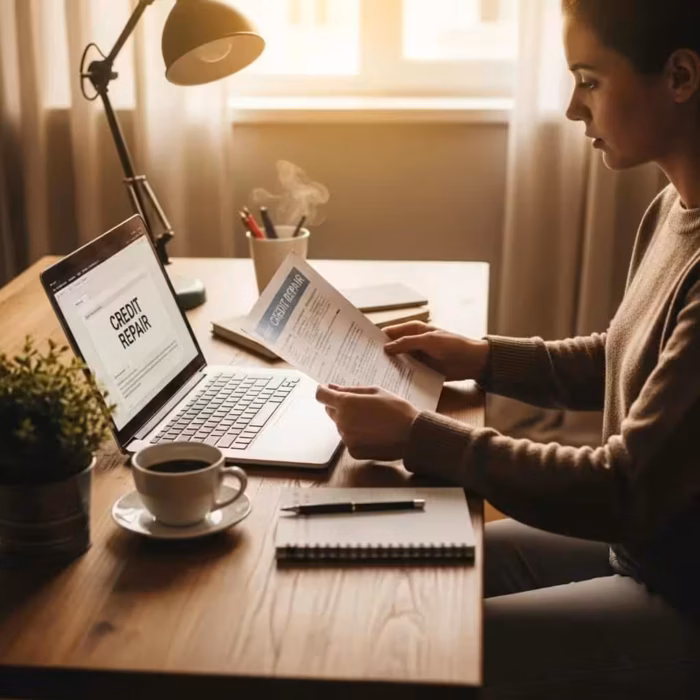Cozy workspace with a person reviewing credit repair documents for government security clearance