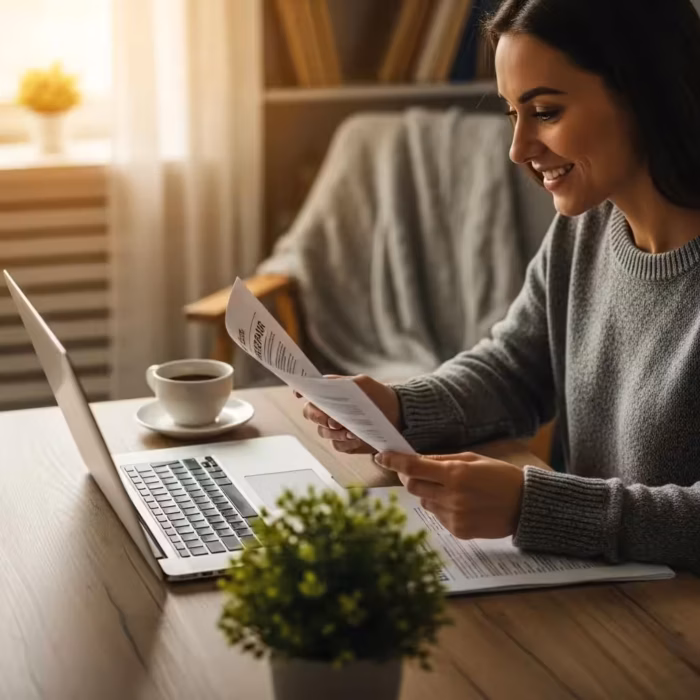 Cozy workspace with a person reviewing credit repair documents on a laptop