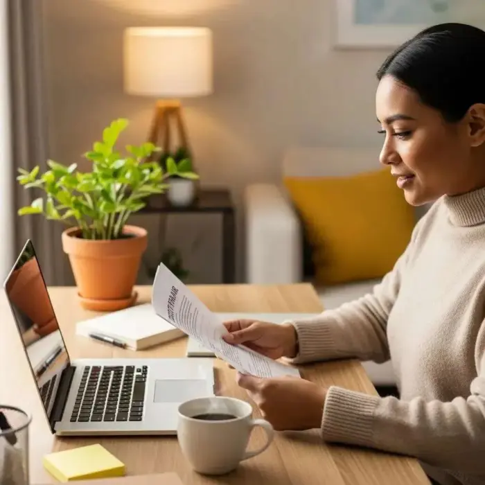 Cozy workspace with a person reviewing credit repair documents on a laptop