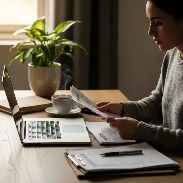 Cozy workspace with a person reviewing credit repair documents on a laptop