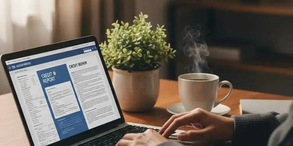 Cozy workspace with a person reviewing credit repair documents on a laptop, emphasizing financial improvement