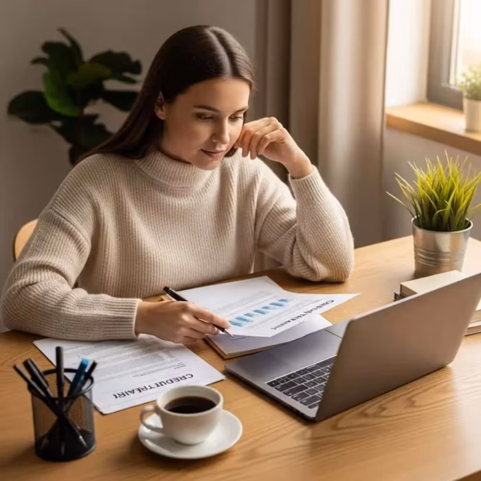 Cozy workspace with a person reviewing credit repair documents, symbolizing financial empowerment
