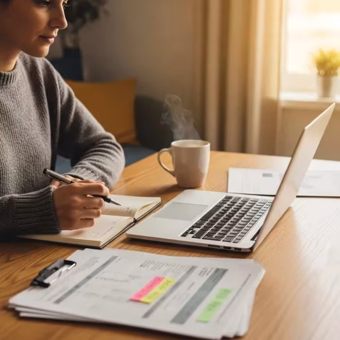 Cozy workspace with a person reviewing credit report, emphasizing financial improvement