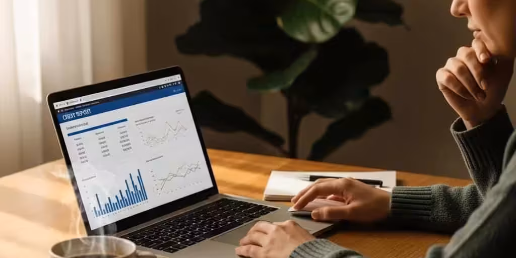 Cozy workspace with a person reviewing credit report, emphasizing financial management