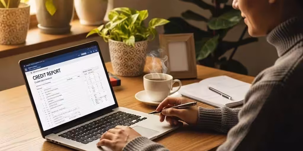 Cozy workspace with a person reviewing credit report on a laptop, emphasizing AI's role in credit repair