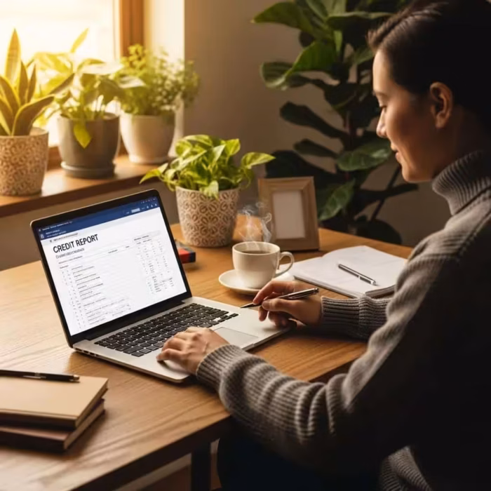Cozy workspace with a person reviewing credit report on a laptop, emphasizing AI's role in credit repair