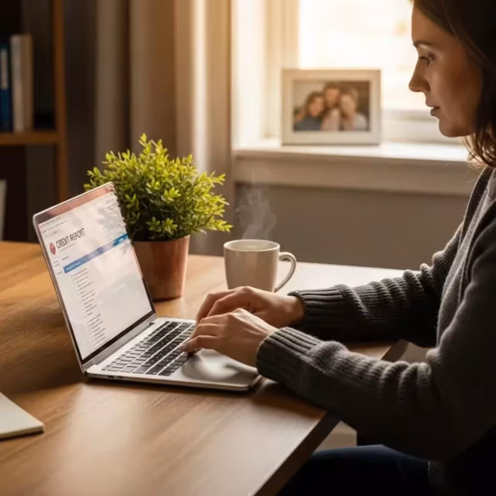 Cozy workspace with a person reviewing credit report on a laptop, emphasizing consumer rights and financial protection