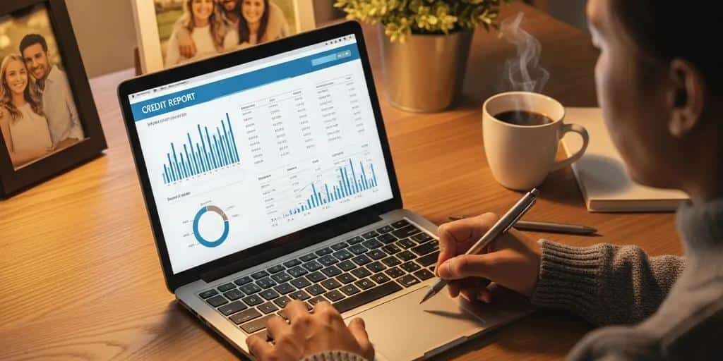 Cozy workspace with a person reviewing credit report on a laptop, emphasizing credit repair journey