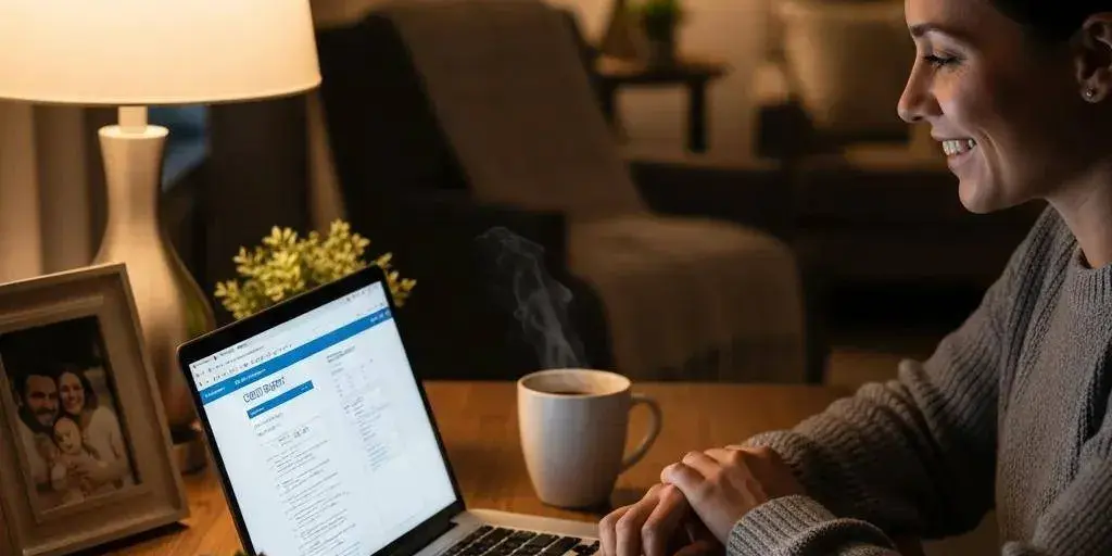Cozy workspace with a person reviewing credit report on a laptop, emphasizing credit repair services