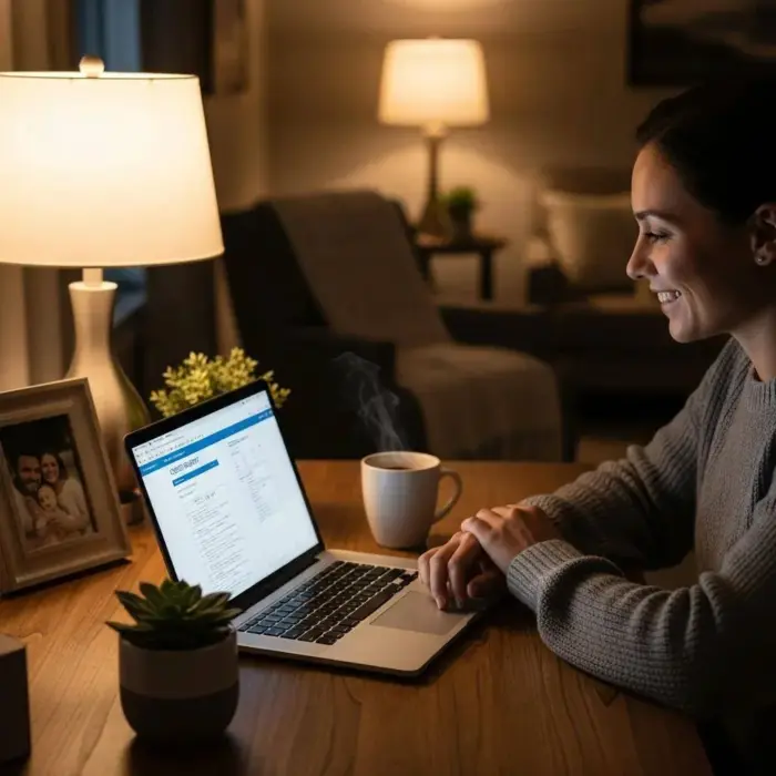 Cozy workspace with a person reviewing credit report on a laptop, emphasizing credit repair services