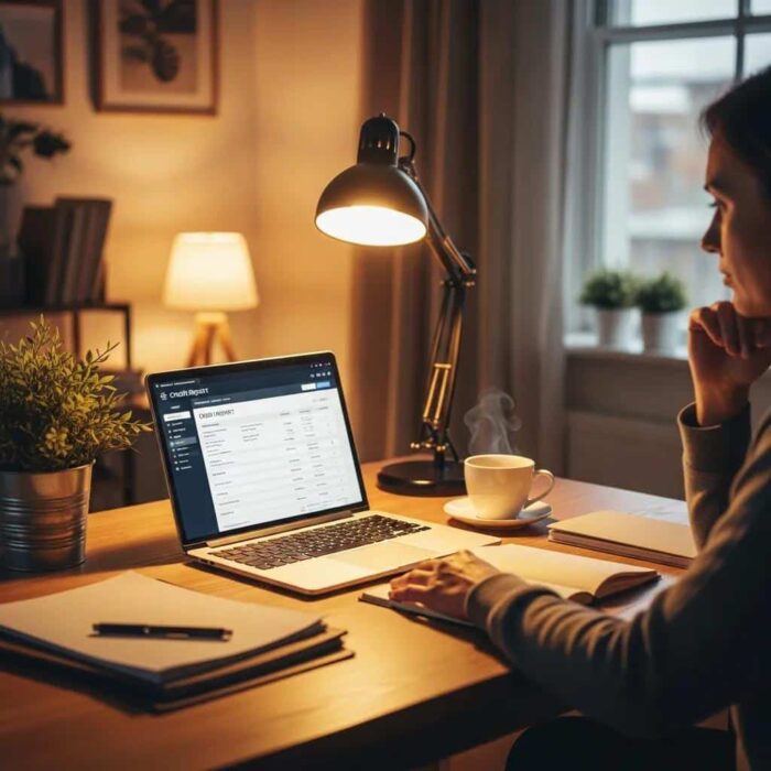 Cozy workspace with a person reviewing credit reports on a laptop, emphasizing credit management