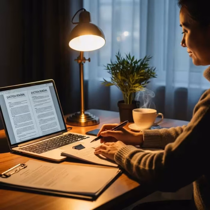 Cozy workspace with a person reviewing eviction removal documents on a laptop