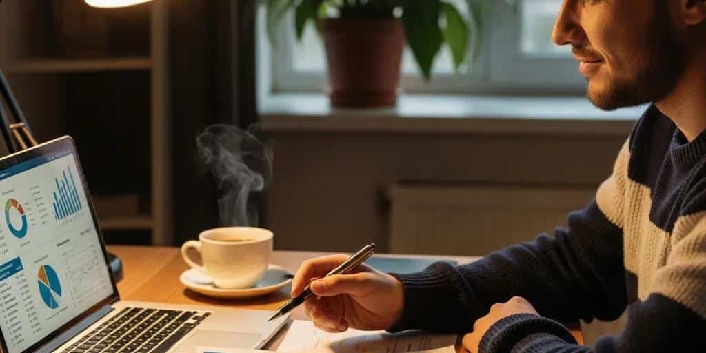 Cozy workspace with a person reviewing financial documents and a credit report