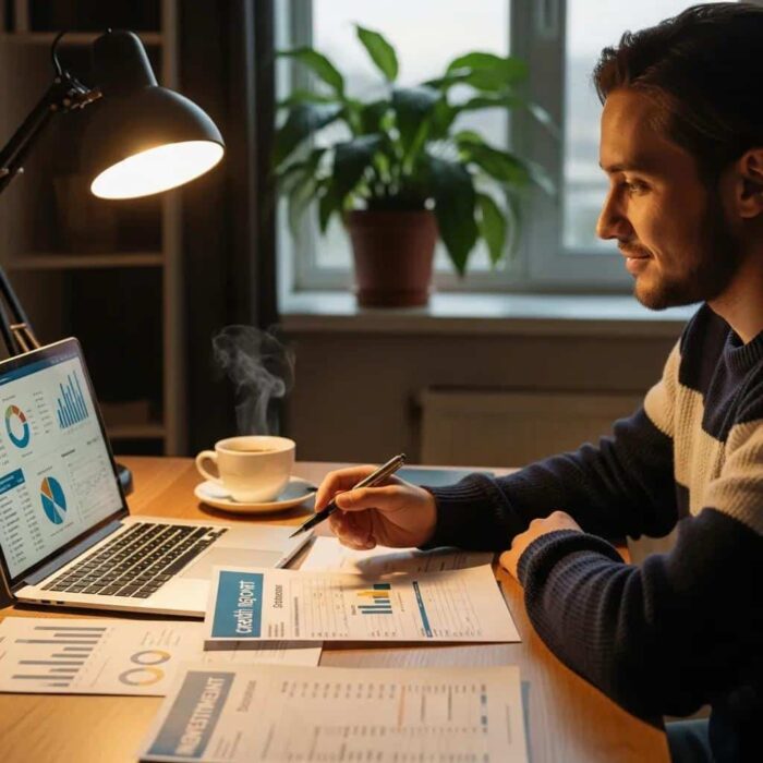 Cozy workspace with a person reviewing financial documents and a credit report