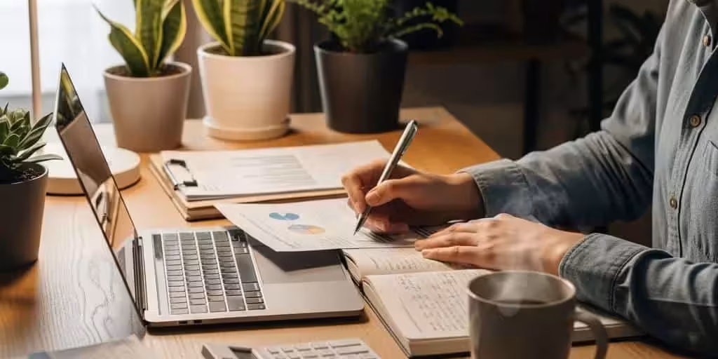Cozy workspace with a person reviewing financial documents and a laptop, emphasizing debt consolidation strategies
