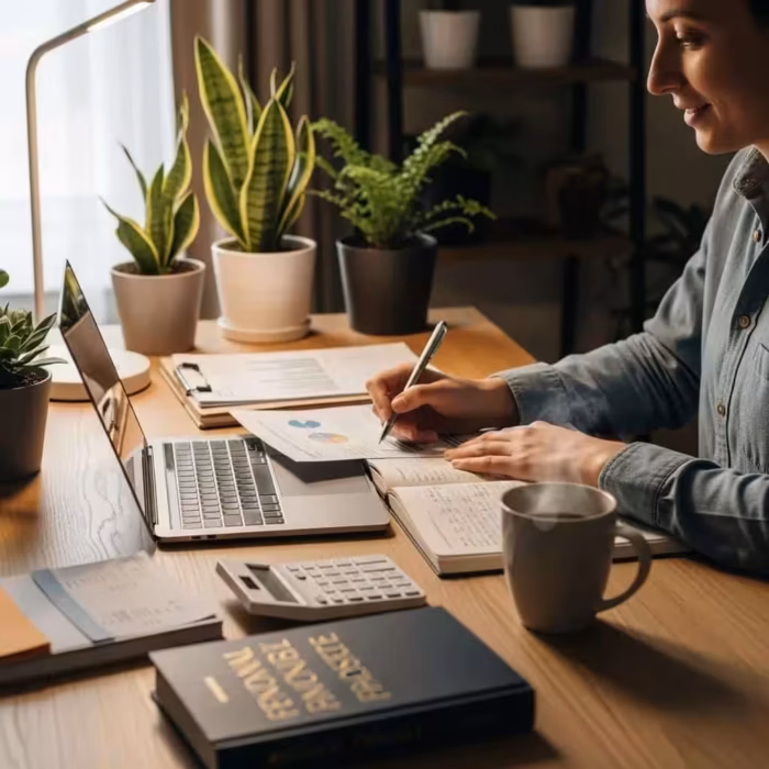 Cozy workspace with a person reviewing financial documents and a laptop, emphasizing debt consolidation strategies