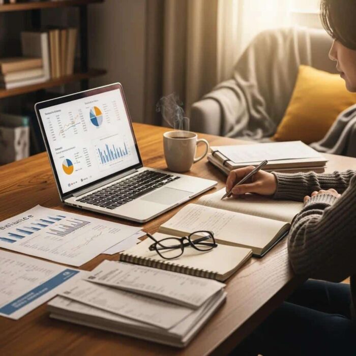 Cozy workspace with a person reviewing financial documents and a laptop, emphasizing financial literacy