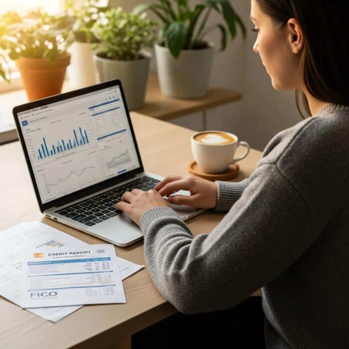 Cozy workspace with a person reviewing financial documents and a laptop, symbolizing personal credit improvement