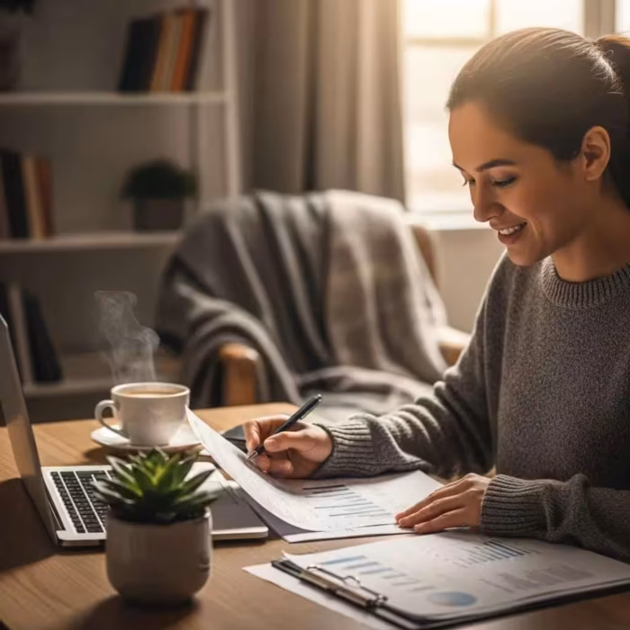 Cozy workspace with a person reviewing financial documents, emphasizing credit repair and counseling