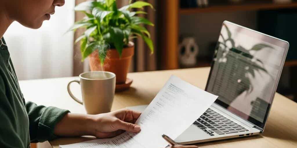Cozy workspace with a person reviewing tax documents and financial papers