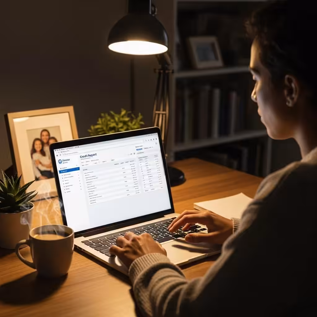 Cozy workspace with a person reviewing their credit report, emphasizing financial health and charge-off removal