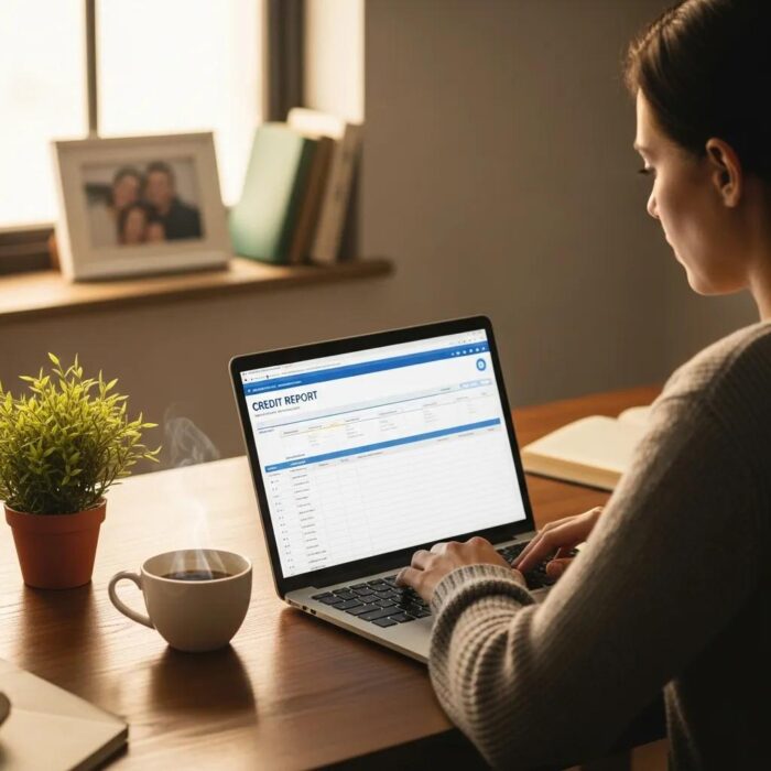 Cozy workspace with a person reviewing their credit report, emphasizing financial improvement