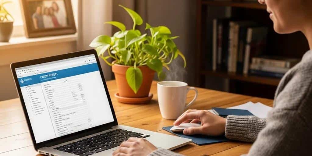 Cozy workspace with a person reviewing their credit report on a laptop, emphasizing consumer rights and financial awareness