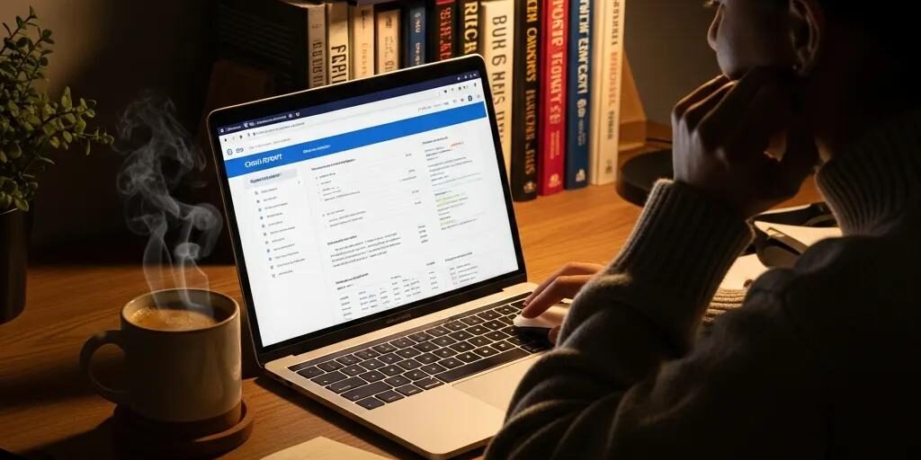 Cozy workspace with a person reviewing their credit report on a laptop, emphasizing financial health
