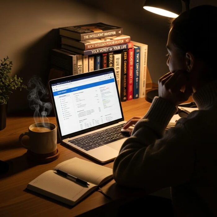 Cozy workspace with a person reviewing their credit report on a laptop, emphasizing financial health