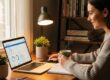 Cozy workspace with a person reviewing their credit report on a laptop, emphasizing financial improvement