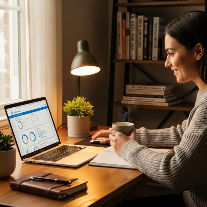 Cozy workspace with a person reviewing their credit report on a laptop, emphasizing financial improvement
