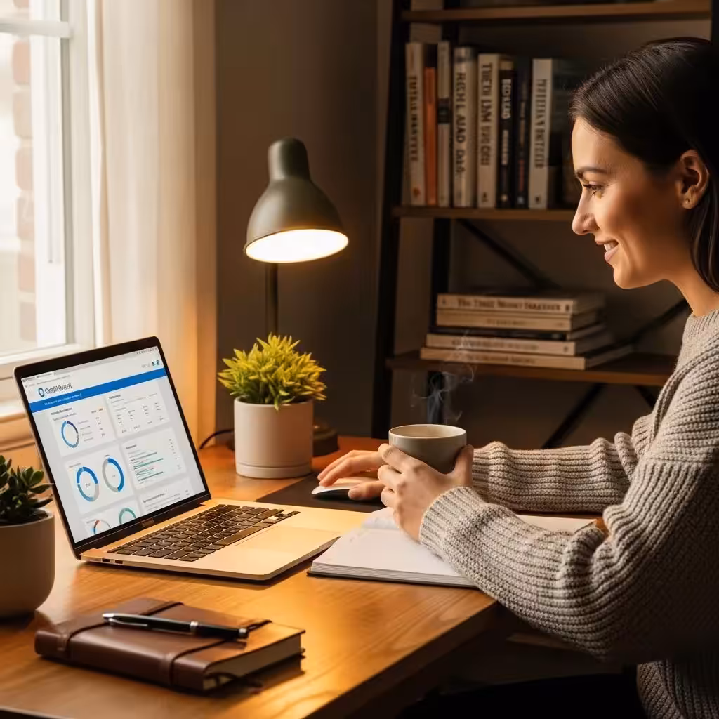 Cozy workspace with a person reviewing their credit report on a laptop, emphasizing financial improvement