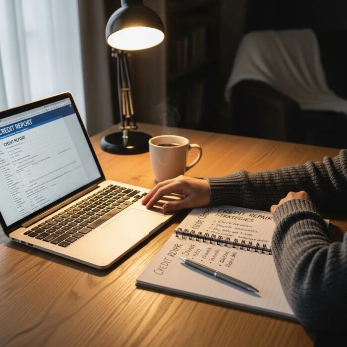 Cozy workspace with a person reviewing their credit report, symbolizing financial improvement