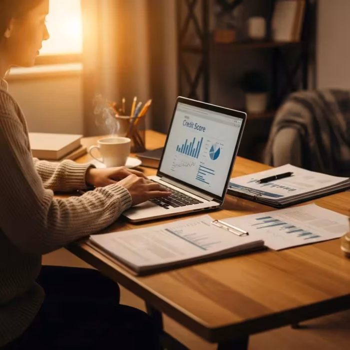 Cozy workspace with a person reviewing their credit score on a laptop, emphasizing financial health