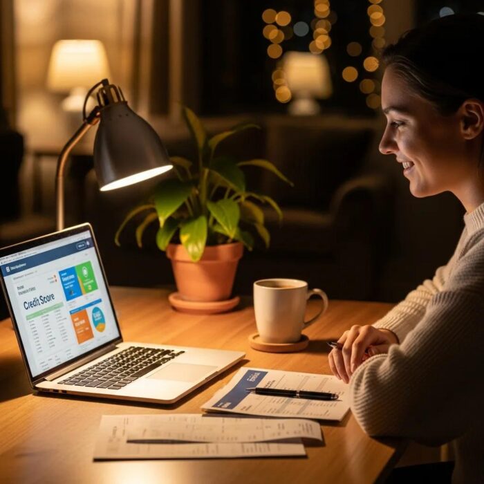Cozy workspace with a person reviewing their credit score report