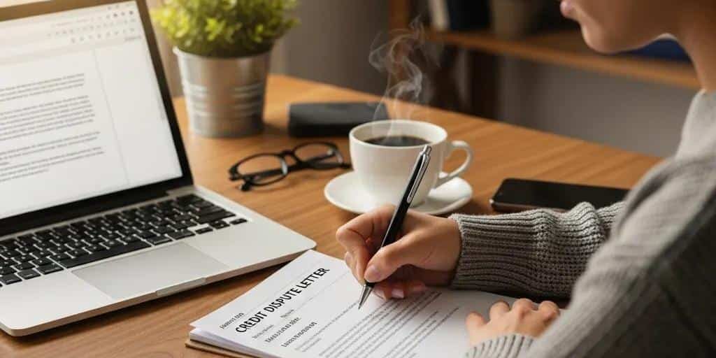 Cozy workspace with a person writing a credit dispute letter, laptop and coffee cup visible