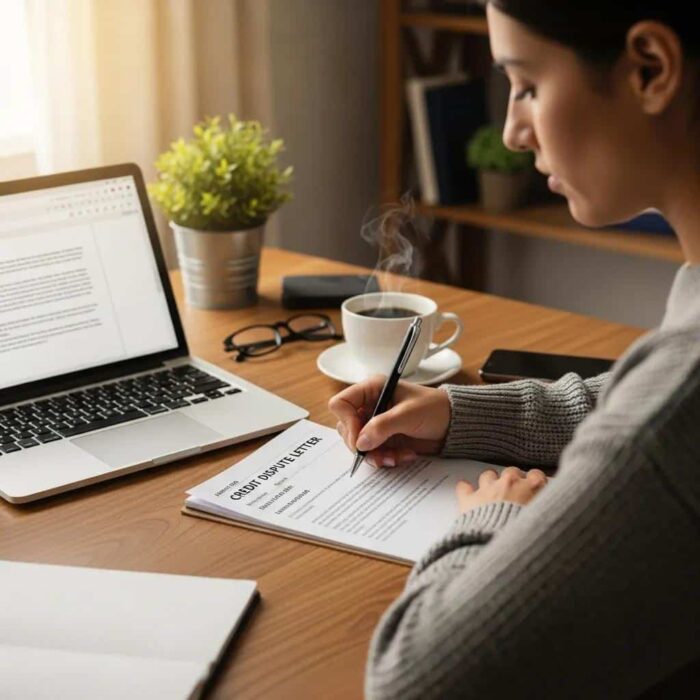 Cozy workspace with a person writing a credit dispute letter, laptop and coffee cup visible