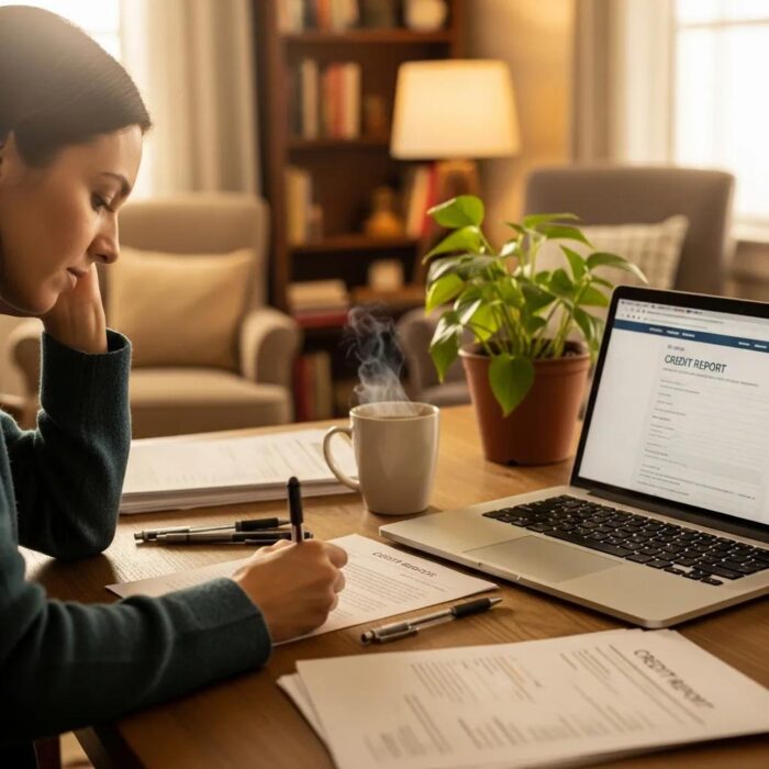 Cozy workspace with a person writing a personalized credit dispute letter, laptop and coffee present