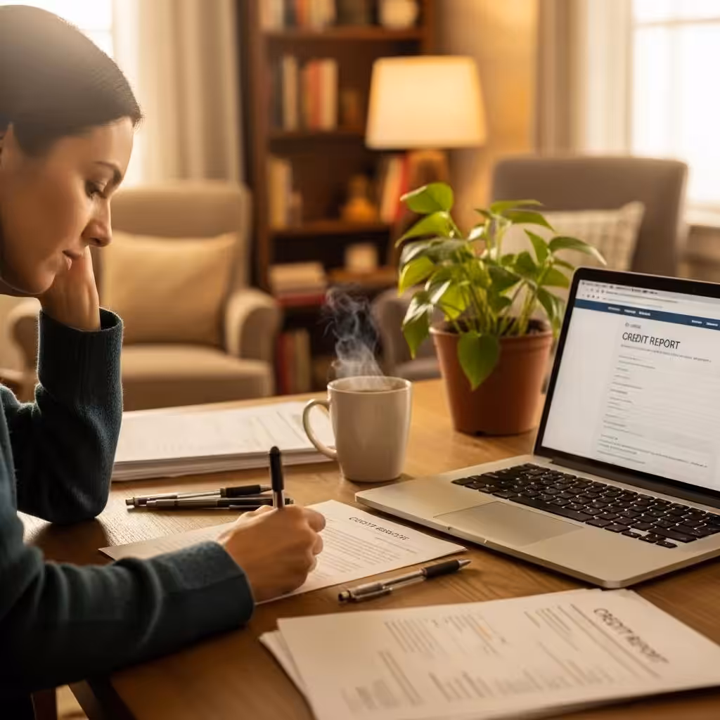 Cozy workspace with a person writing a personalized credit dispute letter, laptop and coffee present
