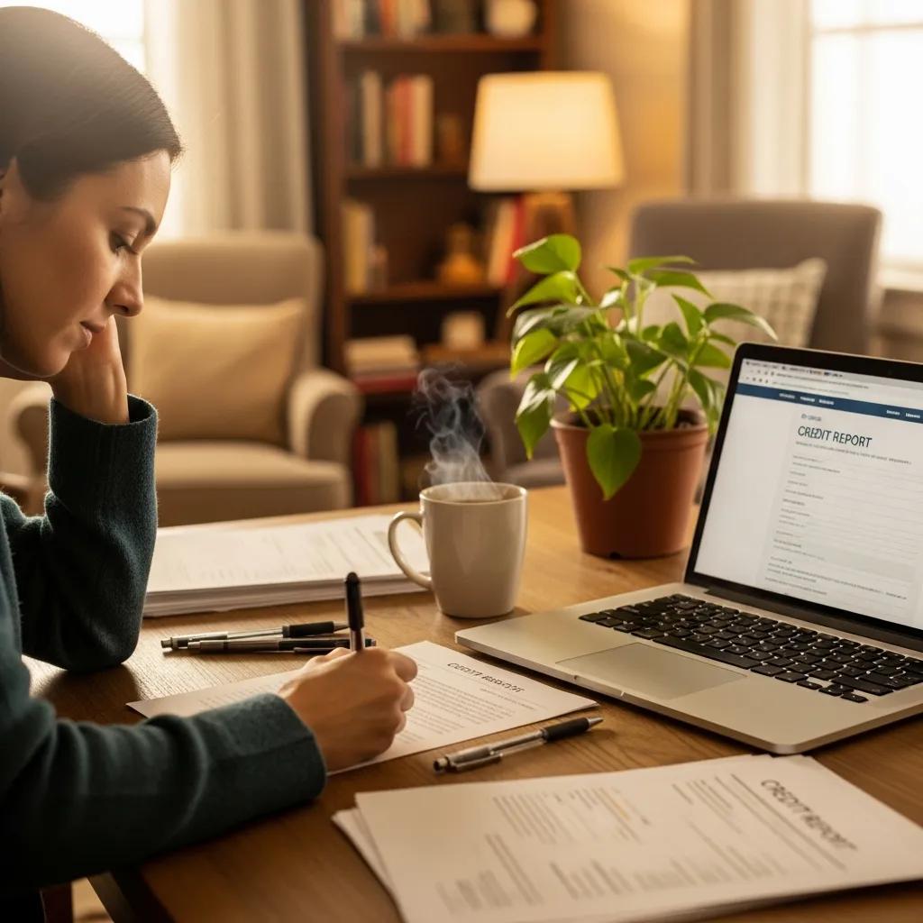 Cozy workspace with a person writing a personalized credit dispute letter, laptop and coffee present