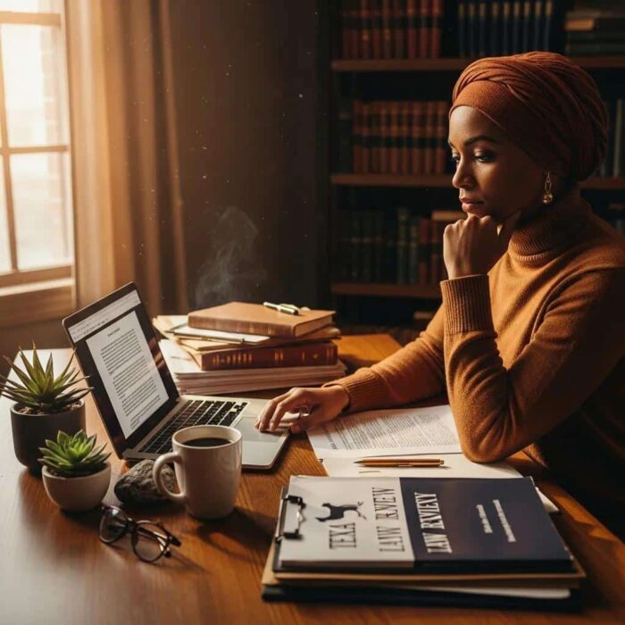 Cozy workspace with legal documents and a laptop, representing Texas Small Claims Court