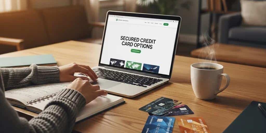 Cozy workspace with secured credit cards and financial planning materials