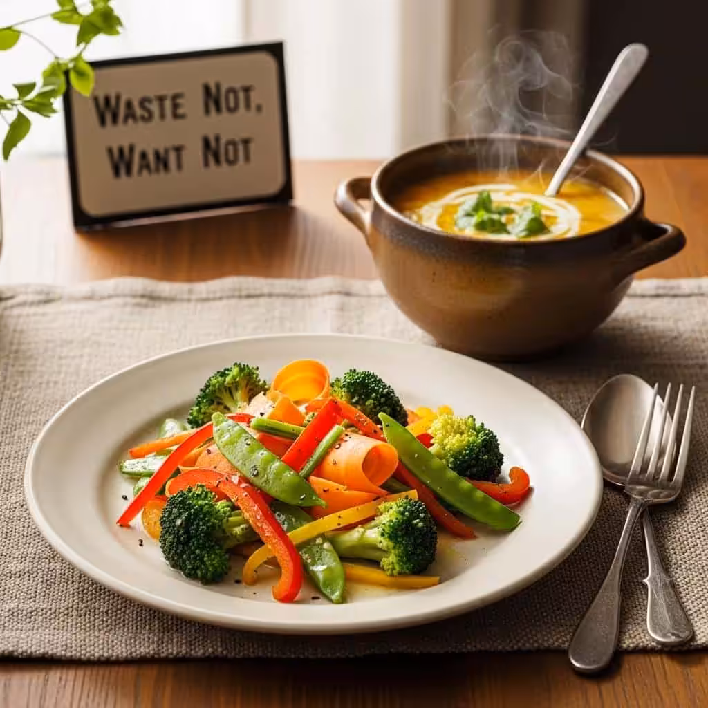 Creative use of leftovers in a stir-fry and soup, illustrating the benefits of reducing food waste for grocery savings