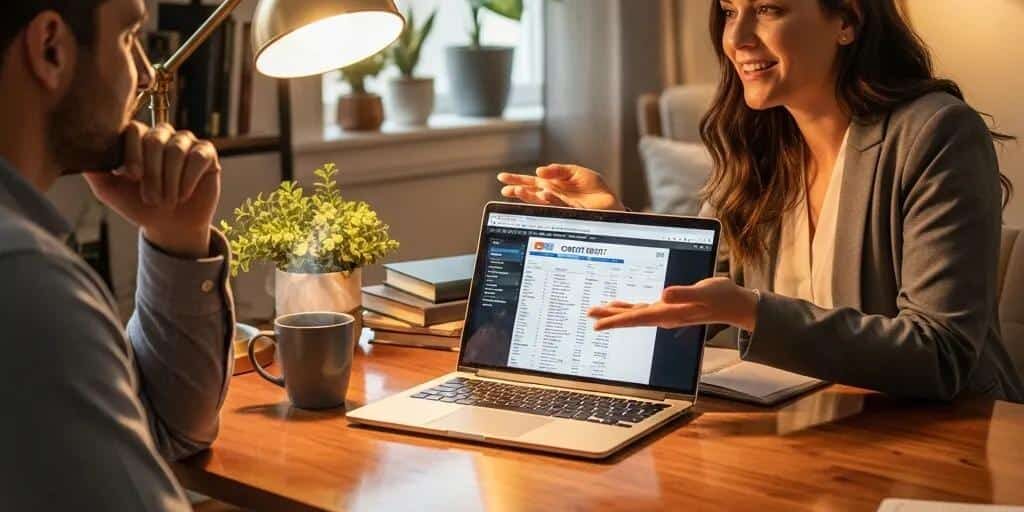 Credit repair consultant discussing credit report with client in a cozy office