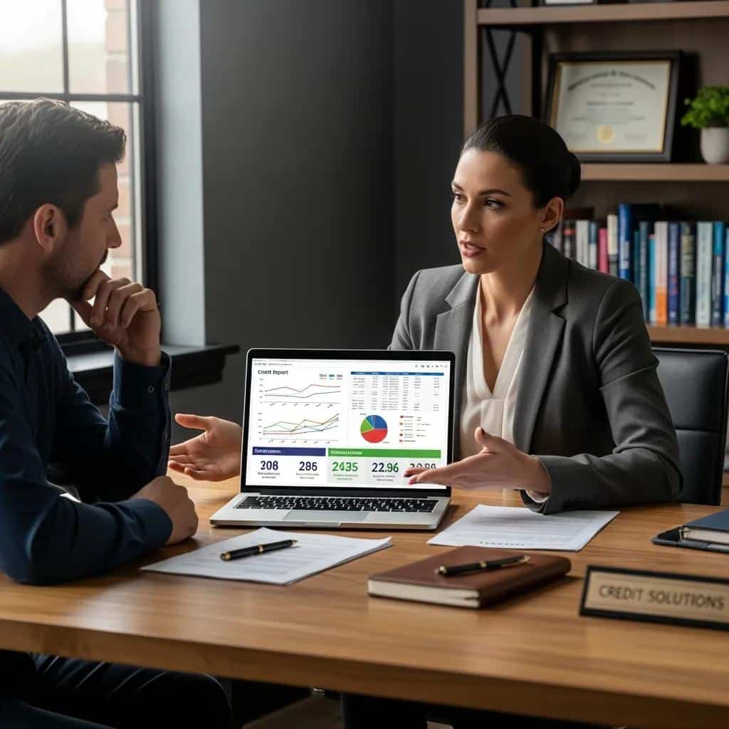 Credit repair expert consulting with a client about credit reports